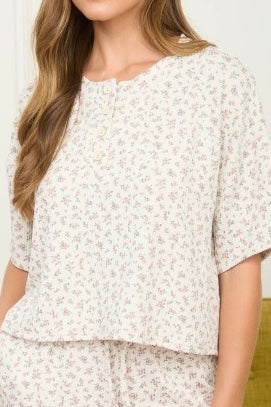 Floral Ribbed Short Sleeve Henley