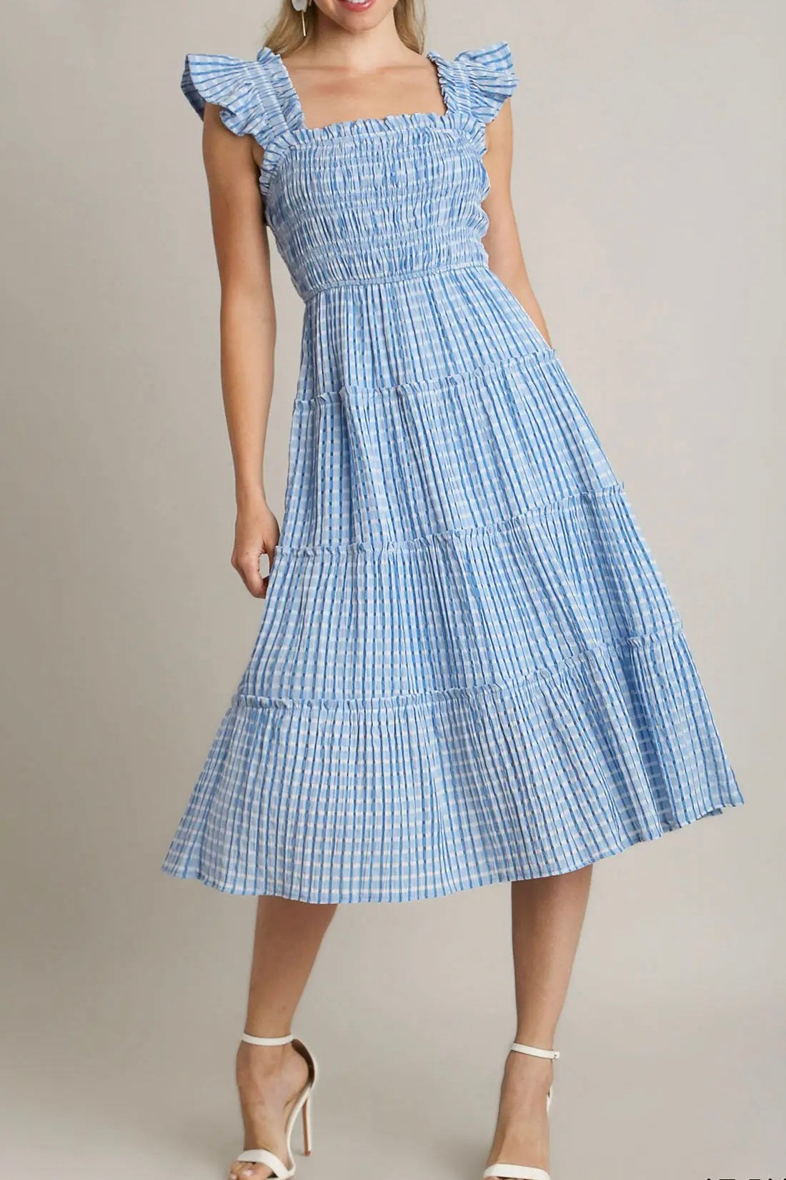 Checkered Smocked Shoulder Ruffle Midi Dress