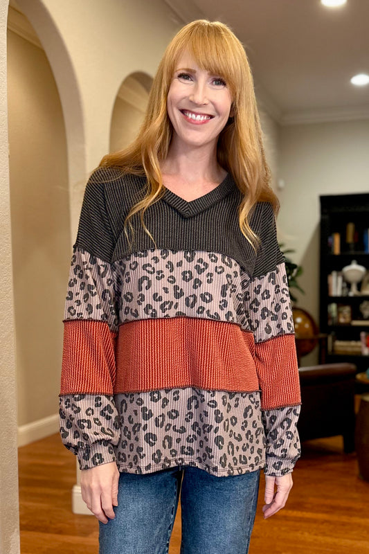 Leopard Rust Color Block Ribbed V-Neck Top