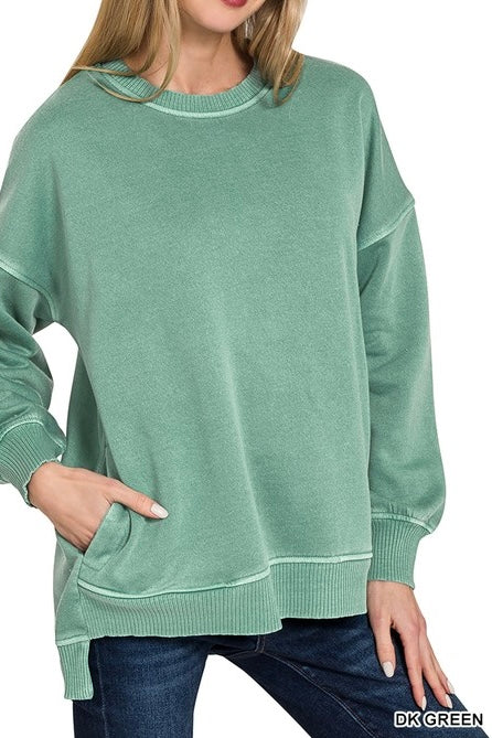Pigment Dyed Fleece High Low Pocket Sweatshirt