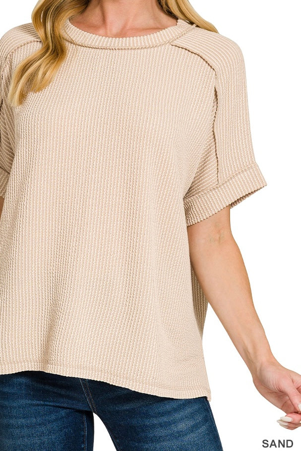 Zenana Short Sleeve Raised Ribbed Crew Neck Top