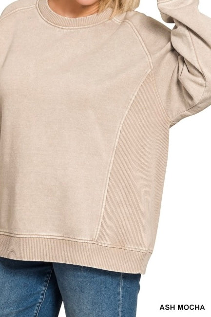 Acid Wash Ribbed Side Inset Fleece Sweatshirt
