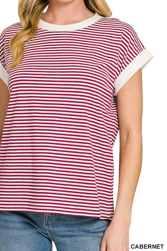 Zenana Stripe Contrast Rib Banded Top