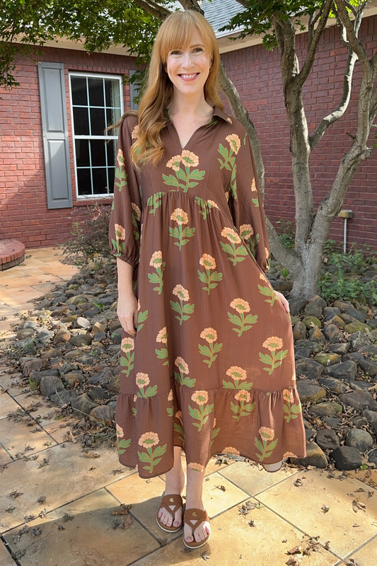 Brown/Rust/Green Floral Midi V-Neck Dress