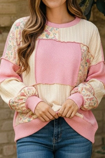 Pink Floral Ribbed Patchwork Top