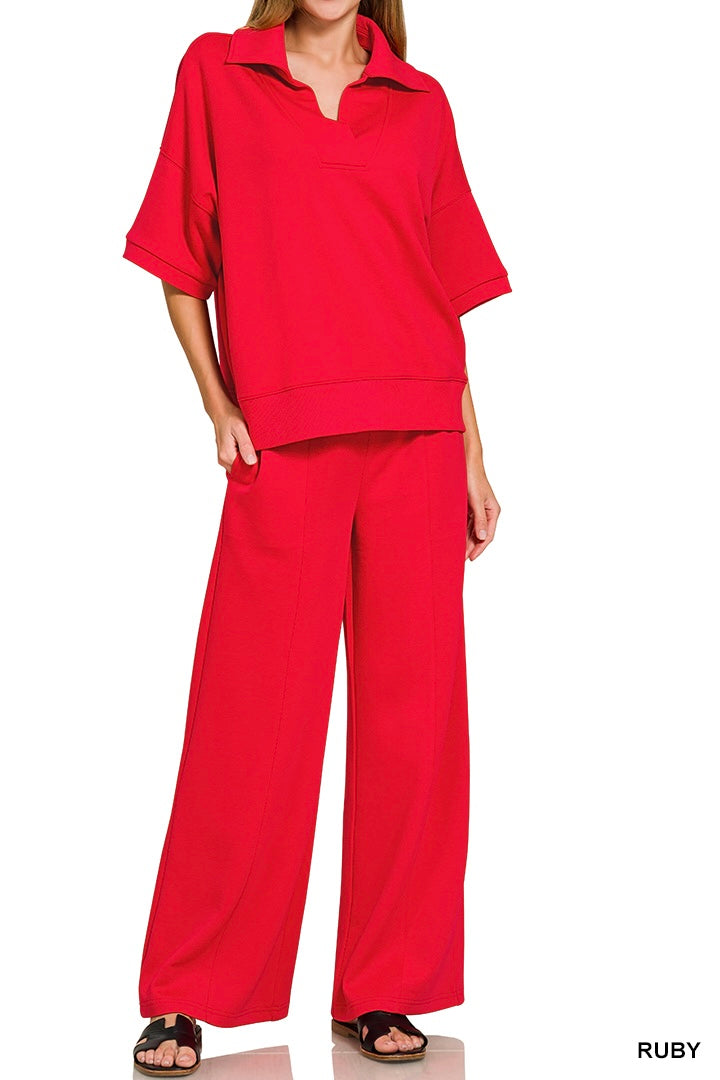 Zenana Collared Short Sleeve Pullover Center Seam Pants Set
