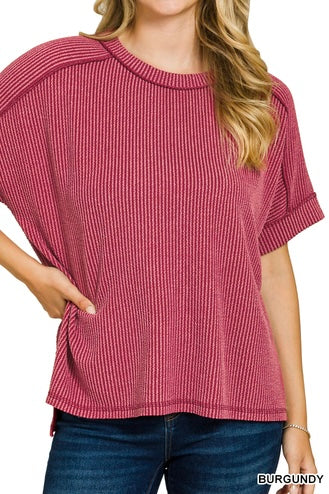 Zenana Short Sleeve Raised Ribbed Crew Neck Top