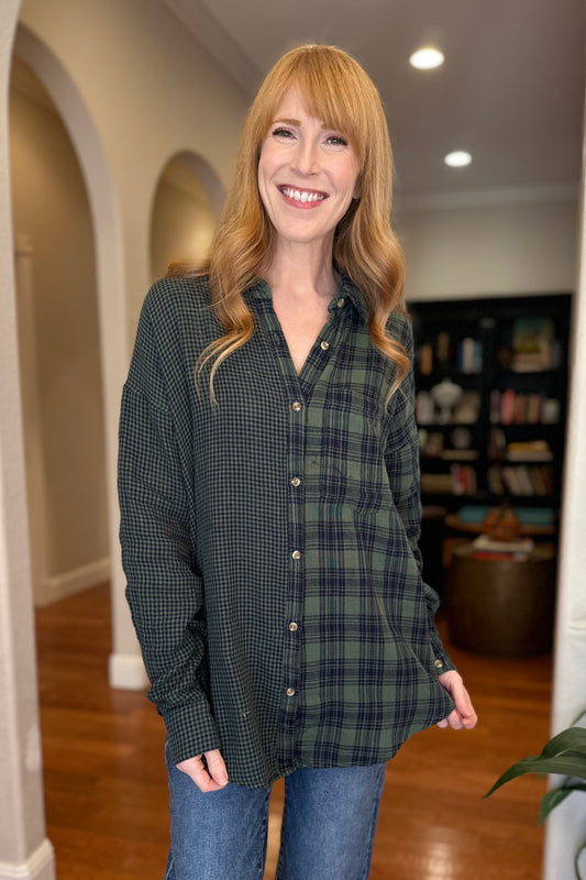 Mixed Plaid Button Down