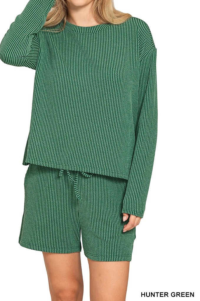 Zenana Ribbed Long Sleeve Shorts Set