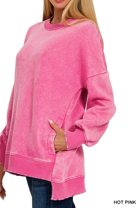 Acid Wash Fleece High/Low Pocket Pullover