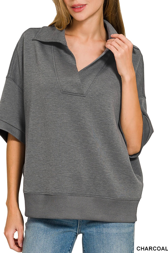 Zenana Collared Short Sleeve Pullover Center Seam Pants Set