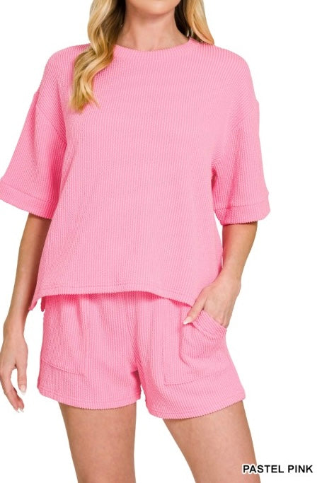 Raised Ribbed Half Sleeve Drawstring Shorts Set