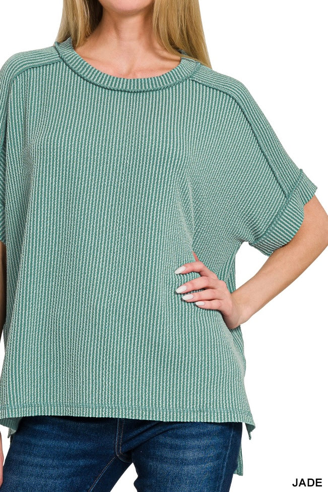 Zenana Short Sleeve Raised Ribbed Crew Neck Top