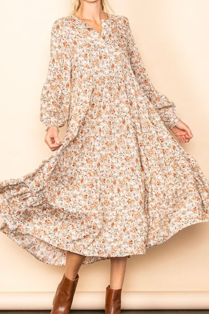 Cream/Peach Button Down Floral Midi Dress