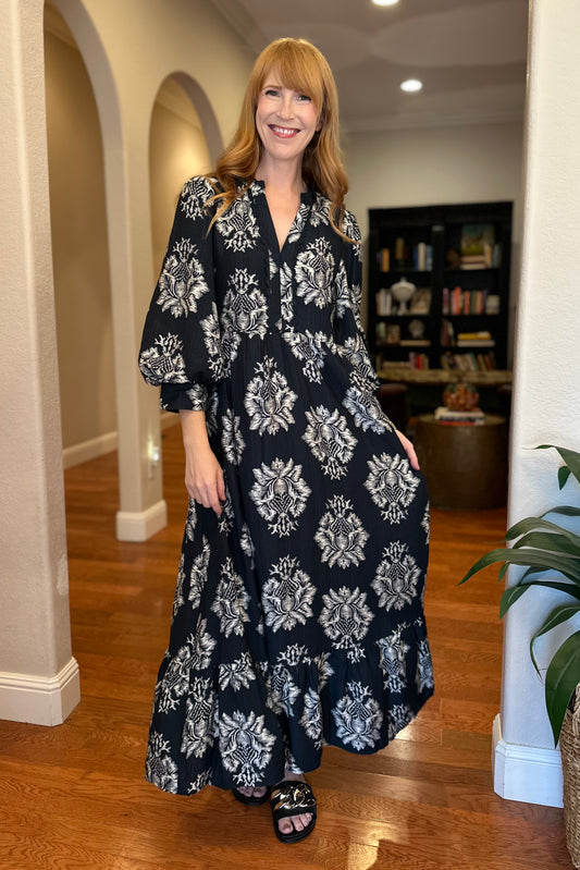 Navy Boho Floral Midi Dress