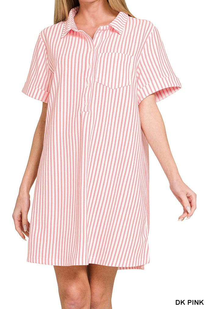 Zenana Stripe Collared Half Button Shirt Dress