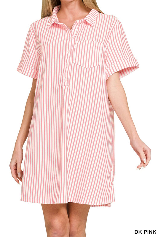 Zenana Stripe Collared Half Button Shirt Dress