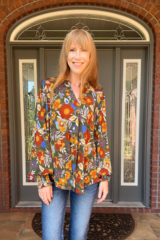 Olive/Mustard Floral Long Sleeve Smocked Cuff Anti- Wrinkle Top