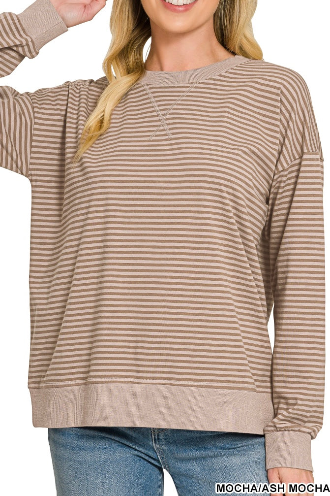 Zenana Long Sleeve V-Stitch Stripe Banded Pullover