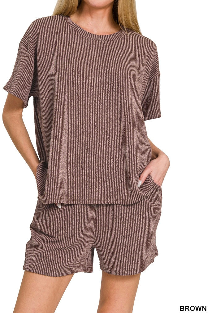 Zenana Raised Ribbed Shorts Set