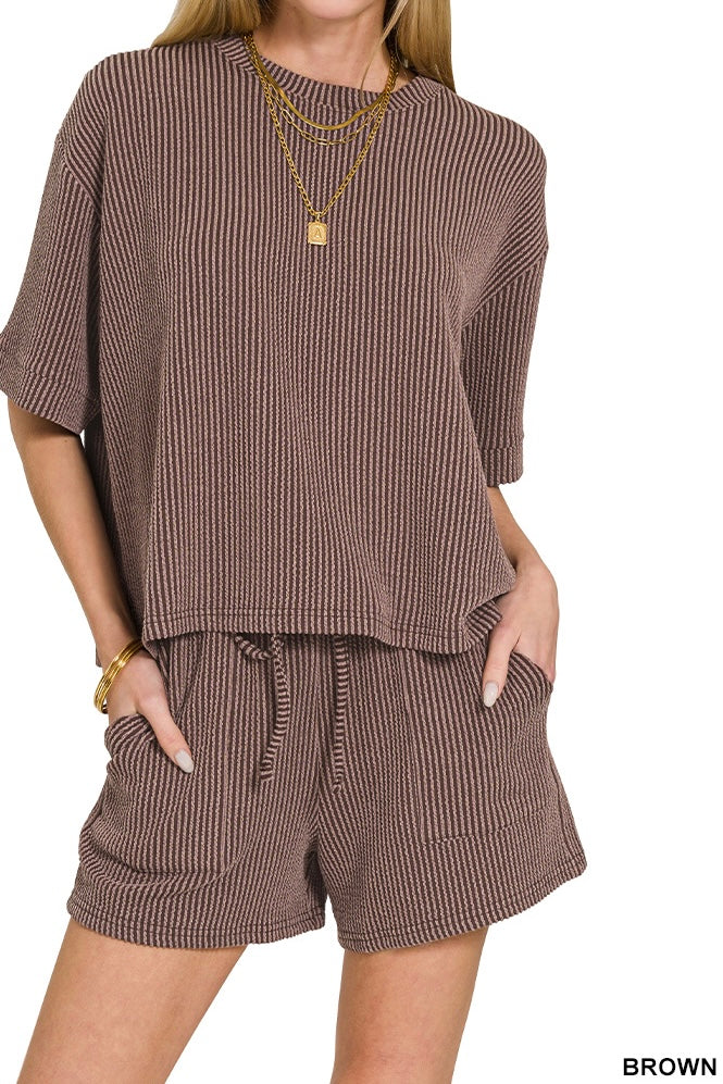 Zenana Raised Ribbed Half Sleeve Drawstring Shorts Set