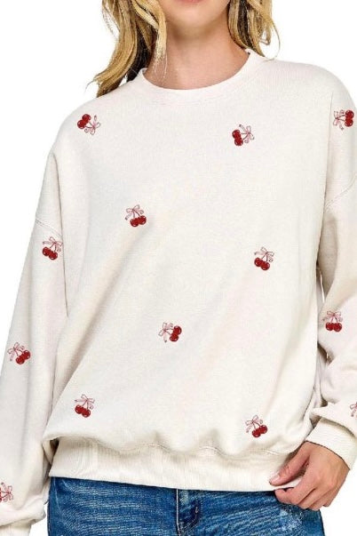 Ivory Cherry Bow Sweatshirt