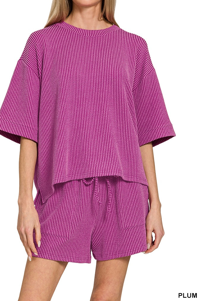 Zenana Raised Ribbed Half Sleeve Drawstring Shorts Set