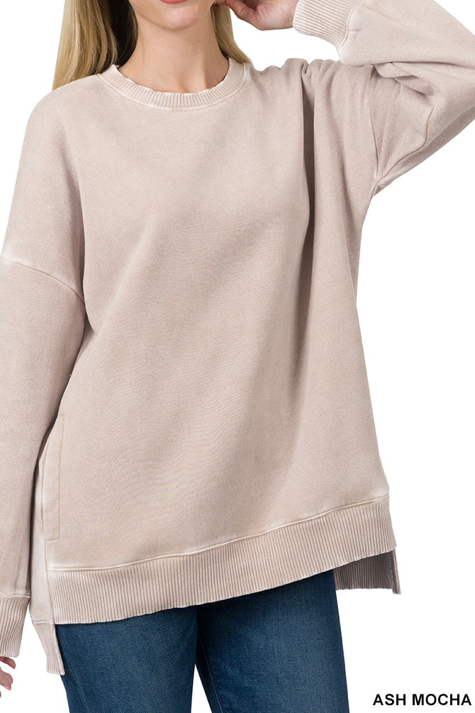 Zenana Acid Wash High/Low Pocket Sweatshirt