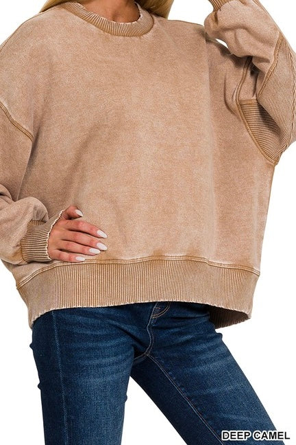 Acid Wash Side Ribbed Oversized Sweatshirt