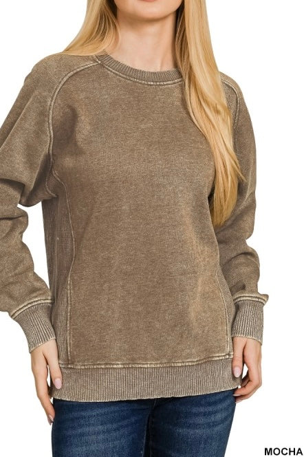 Acid Wash Ribbed Side Inset Fleece Sweatshirt