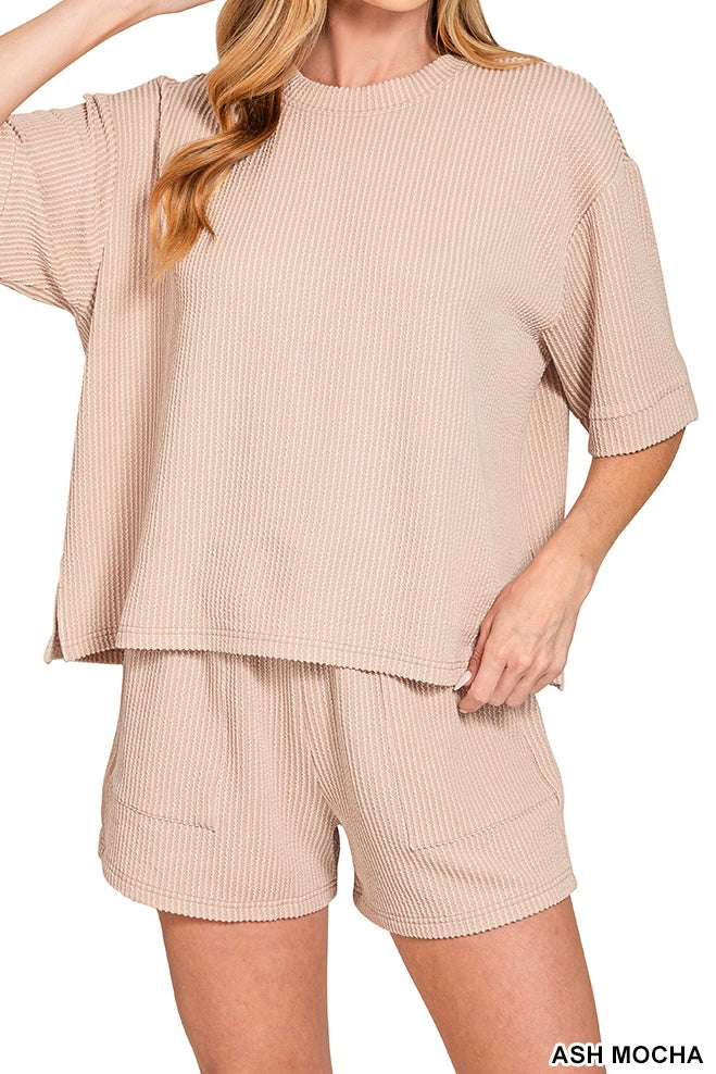 Zenana Raised Ribbed Half Sleeve Drawstring Shorts Set