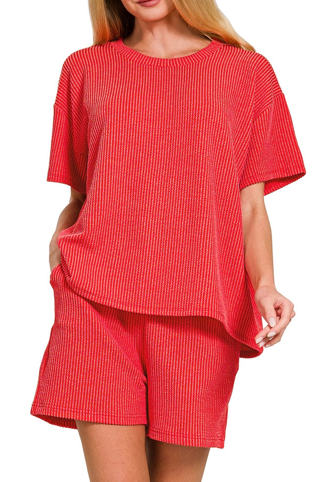 Zenana Raised Ribbed Shorts Set