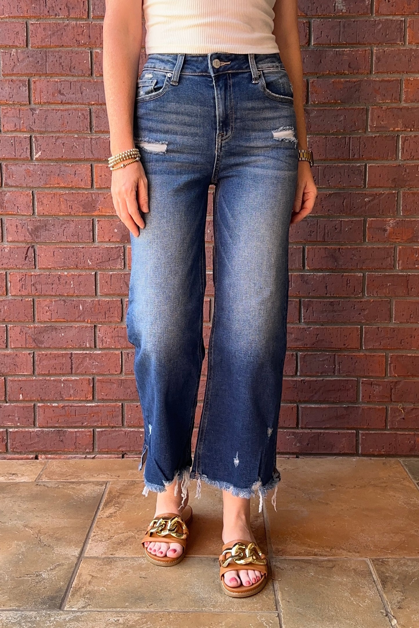 Distress Raw Hem Straight/Wide Leg Jeans