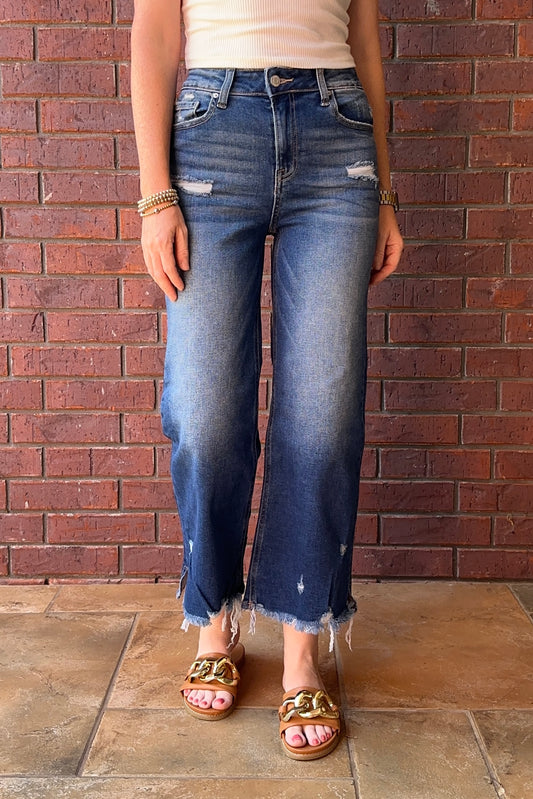 Distress Raw Hem Straight/Wide Leg Jeans