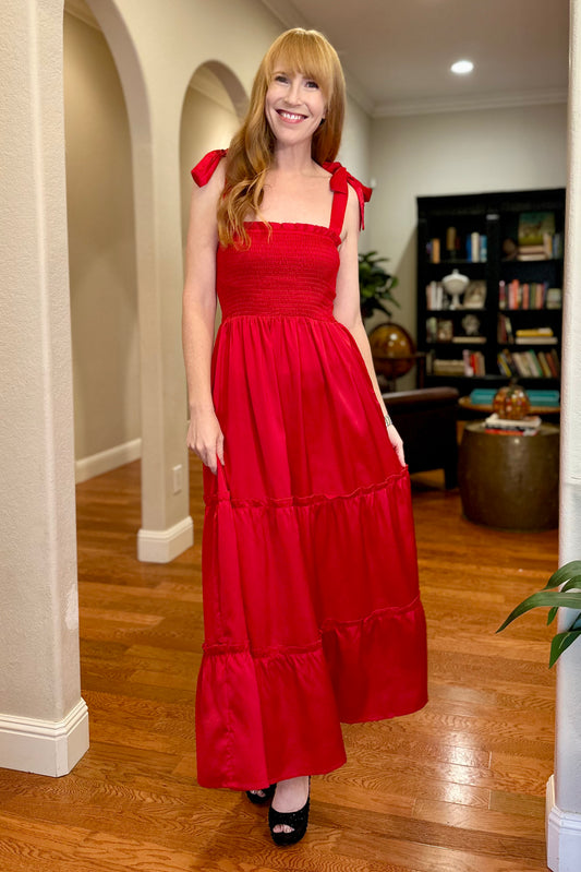 Red Matte Satin Tie Shoulder Smocked Dress