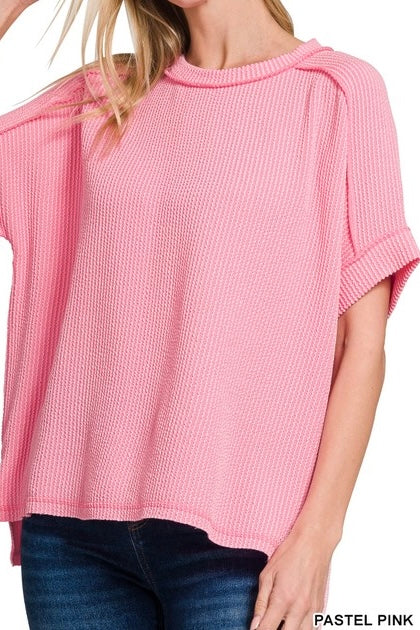 Short Sleeve Raised Ribbed Crew Neck Top
