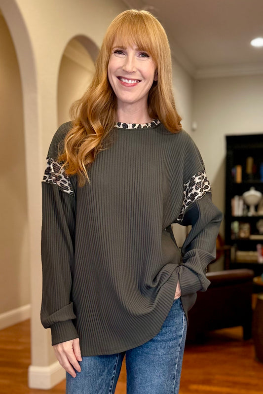 Olive Leopard Ribbed Raglan Tunic