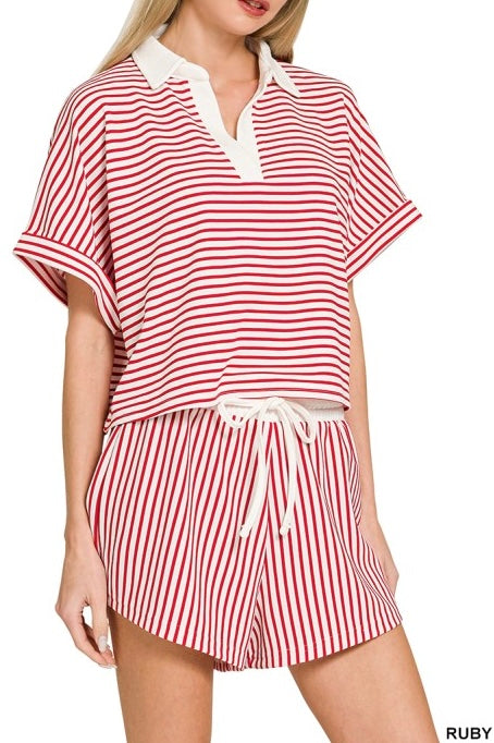 V-Neck Stripe Coastal Shorts Set