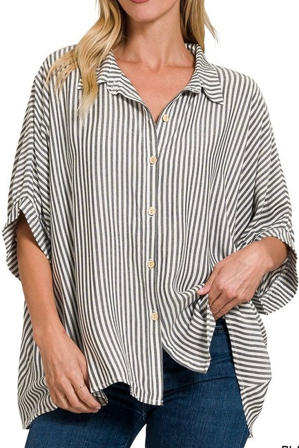 Black Pinstripe Oversized Button Down Half Sleeve Top