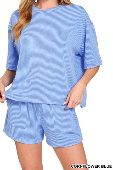 Raised Ribbed Half Sleeve Drawstring Shorts Set