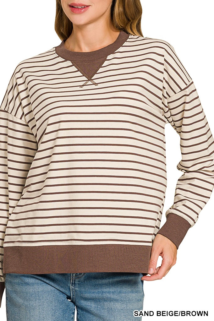 Zenana Long Sleeve Stripe V-Patch Banded Pullover