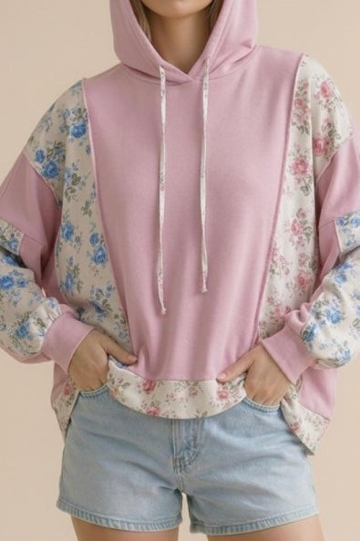 Light Pink Floral Color Block Knit Top With Hoodie