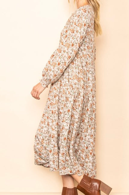 Cream/Peach Button Down Floral Midi Dress