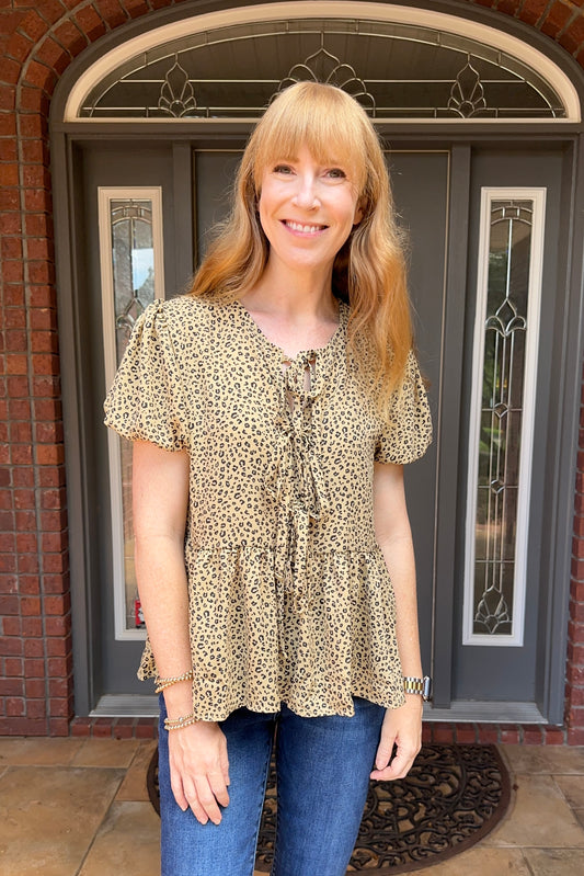 Front Ribbon Tie Leopard Babydoll Top