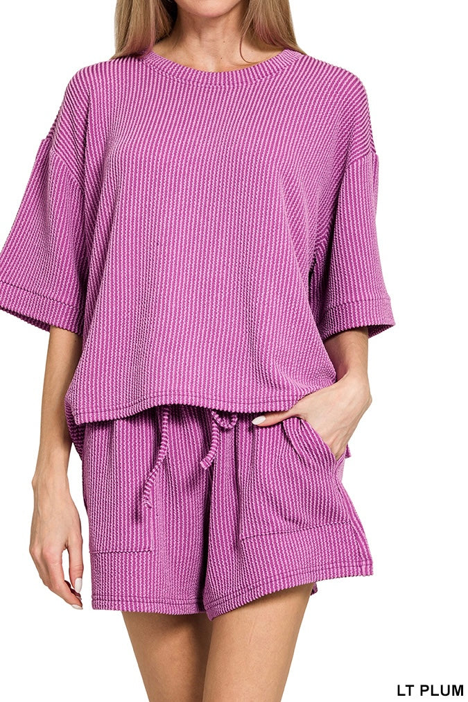 Zenana Raised Ribbed Half Sleeve Drawstring Shorts Set