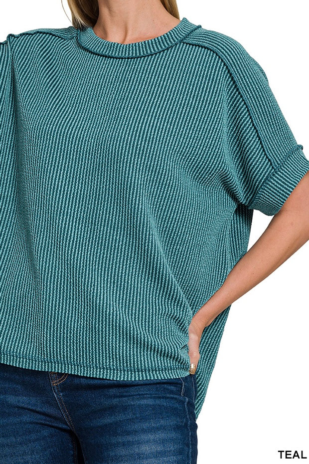 Zenana Short Sleeve Raised Ribbed Crew Neck Top