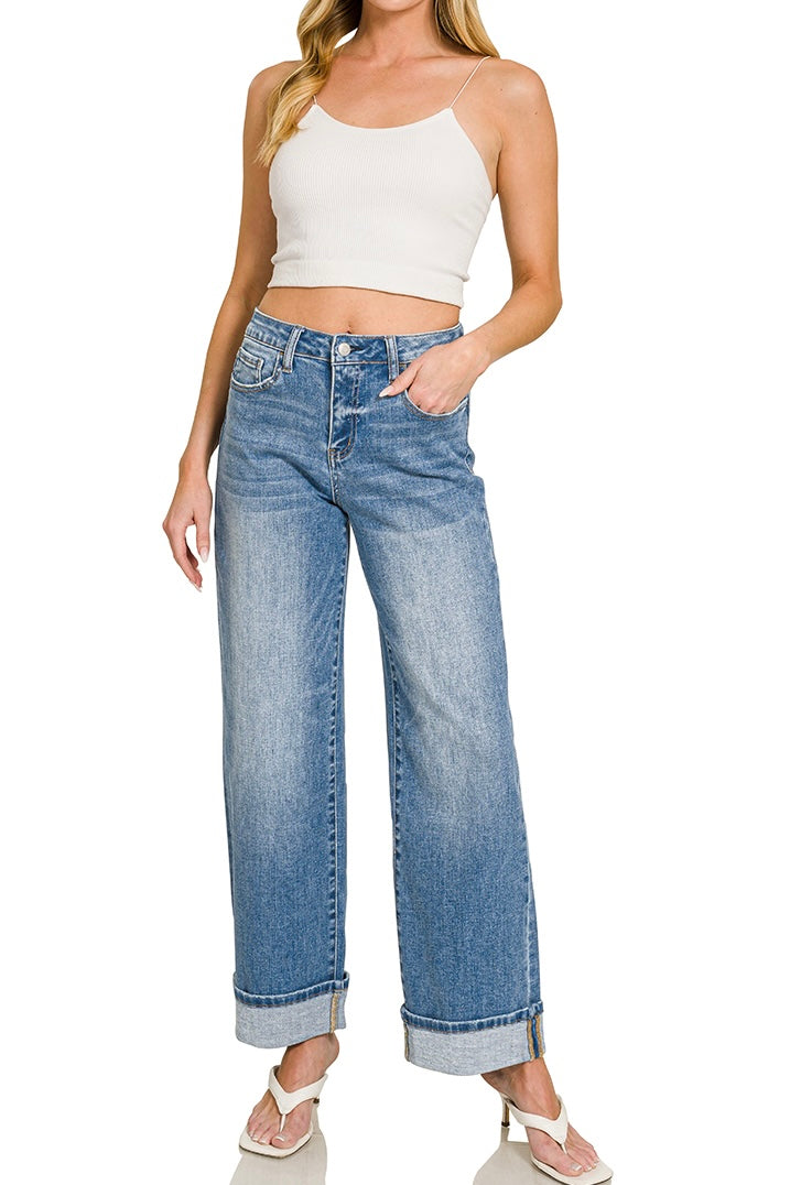 Zenana High Rise wide Leg Cuffed Jeans