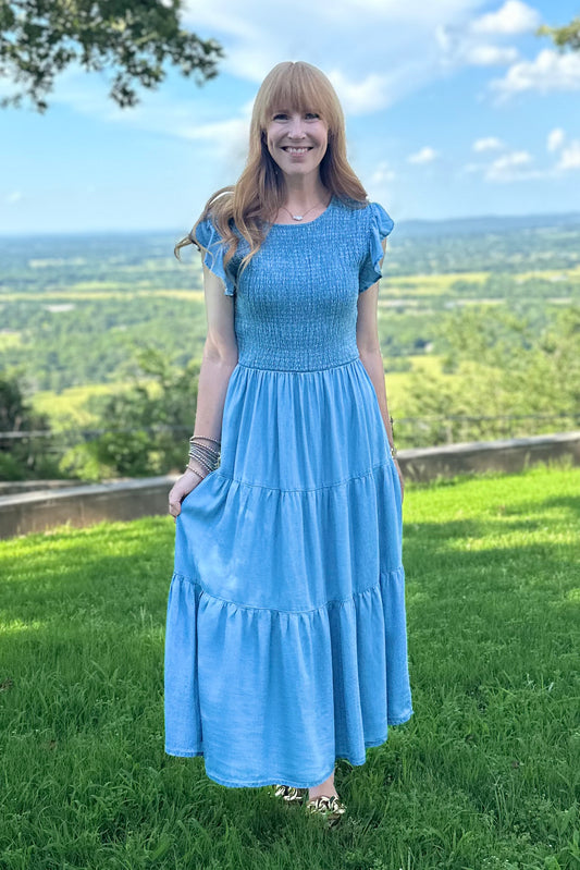 Chambray Smocked Ruffle Sleeve Midi Dress