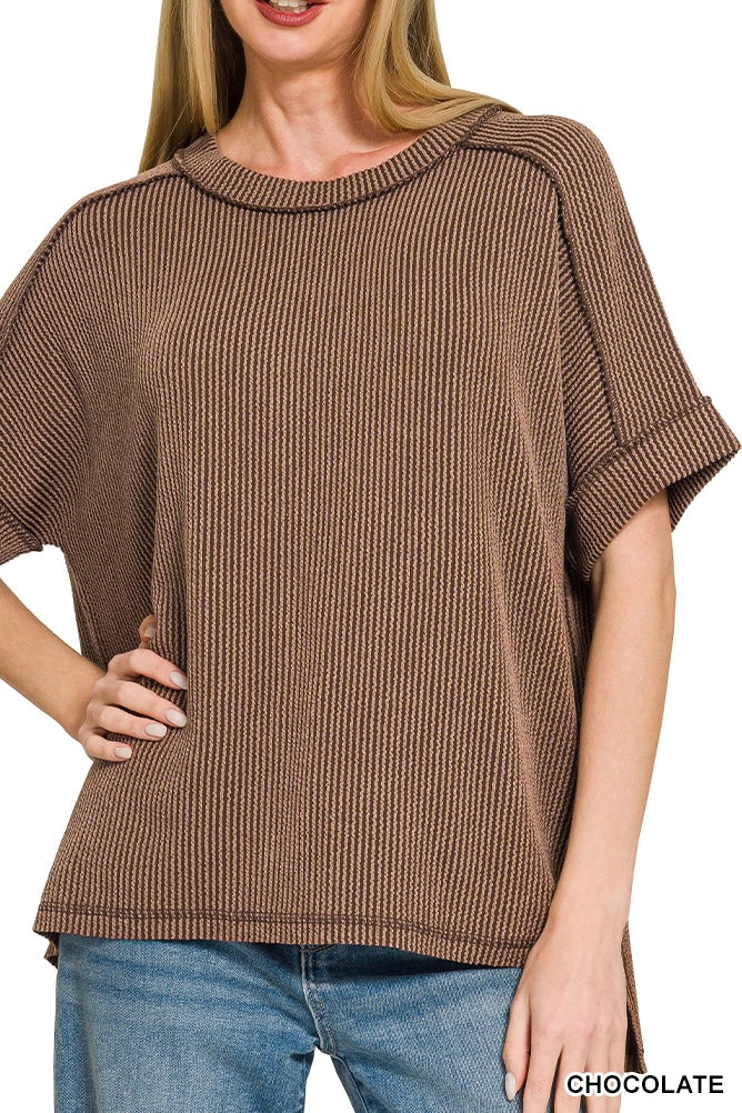 Zenana Short Sleeve Raised Ribbed Crew Neck Top