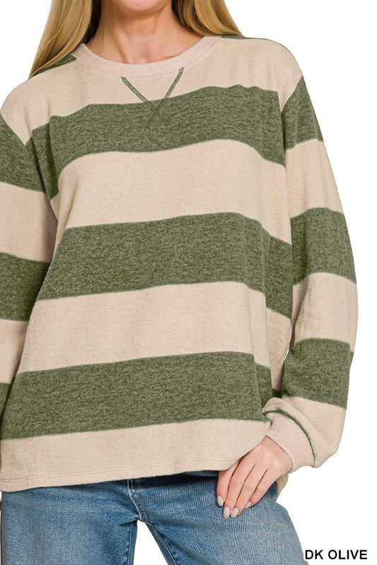 Zenana Brushed Rugby Stripe Pullover
